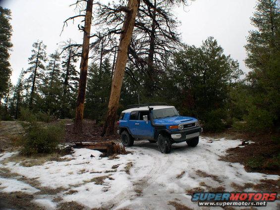 Blue 2007 Toyota FJ Cruiser parked on a snowy dirt road with trees and snow on the ground