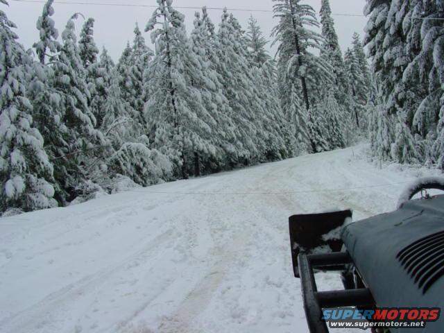 Vehicle front with snow plow in snowy forest scene