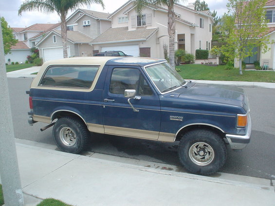 1986 Ford Bronco, blue with tan trim, parked on curb. Houses and palm trees in background