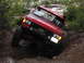 1989 Ford Bronco - Red 1989 Ford Bronco tackling a challenging off-road obstacle on a wooded trail.