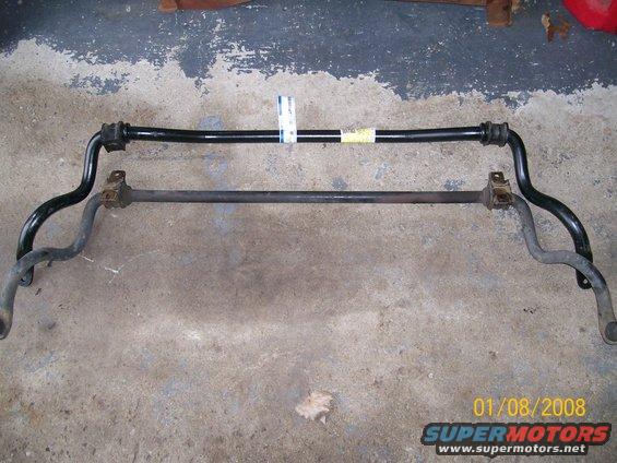 Two black sway bars on a concrete floor. One is thicker and has a yellow label