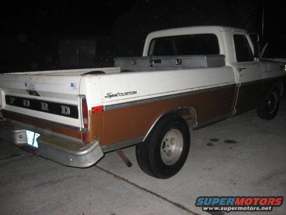 1972 Ford F-100 Sport Custom pickup truck, rear 3/4 view, white and brown two-tone paint, toolbox in bed