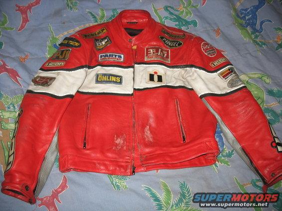 Red and white motorcycle jacket with Yoshimura and Ohlins patches