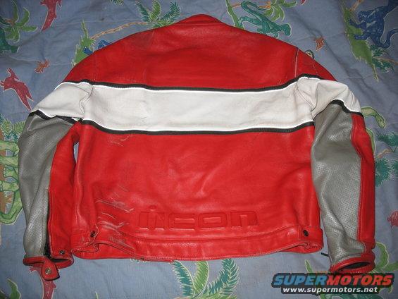 Red and white leather motorcycle jacket with embossed 'icon' logo