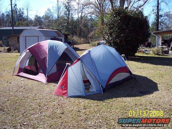 Two camping tents set up on a grassy area with buildings and trees in the background