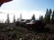 1978 Ford Bronco - Three off-road vehicles are parked on a rocky hillside with trees and fog in the background.
