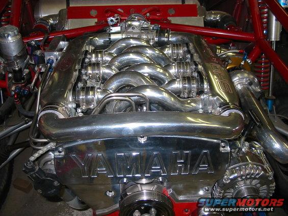 Yamaha V8 engine with chrome intake manifold and twin turbos