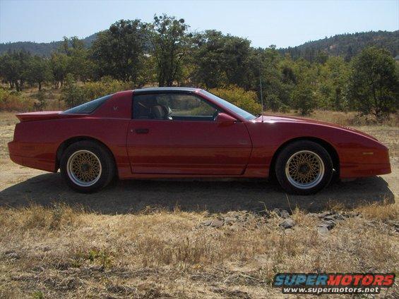 Red Pontiac Firebird coupe parked on dry grass, side view