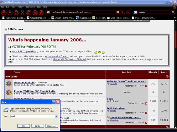 Computer screen displaying a forum website with a 'Run' dialog box open