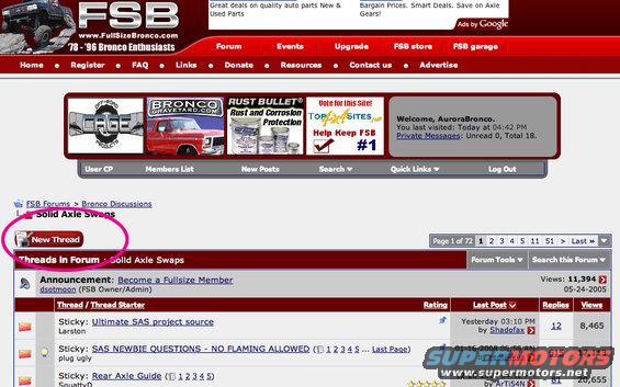 Forum website screenshot showing threads about Ford Broncos
