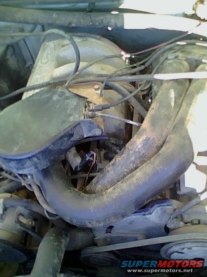 Engine bay with hoses and belts visible. Some dirt and grime present