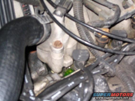Engine bay showing a leak of green coolant near hoses and engine components