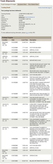 Document showing UPS tracking details with dates, times, and locations