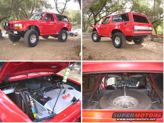 Red Ford Bronco modified for off-road, lifted with large tires. Engine bay and interior with roll cage visible