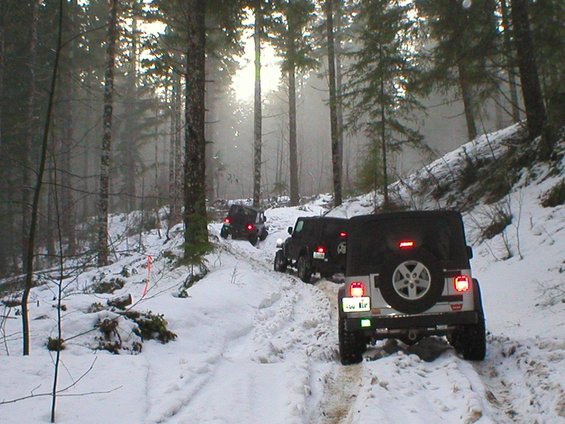 Silver Jeep Wrangler with a soft top, seen from the rear, driving on a snowy forest road. A trailer is attached