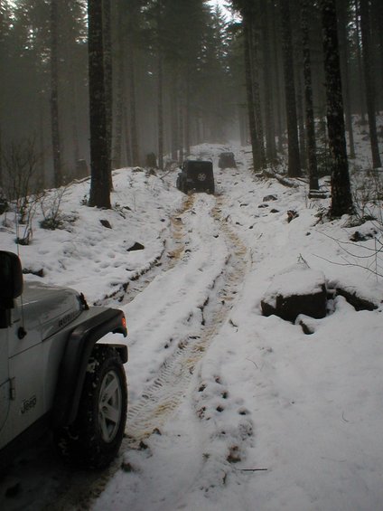 White Jeep Wrangler front quarter panel and tire in snow, with other Jeeps behind on a forest road