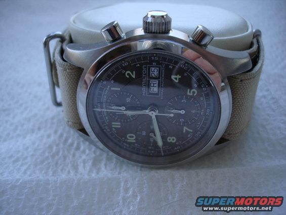 Hamilton Khaki Automatic watch with black dial and date window, on a canvas strap