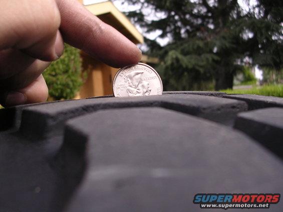 Quarter placed on tire tread to show depth