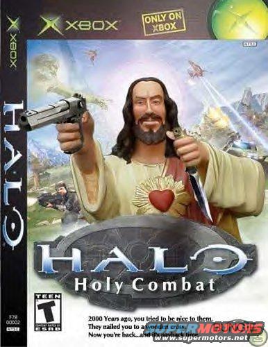 Video game cover art for Halo: Holy Combat, showing Jesus with a gun and knife