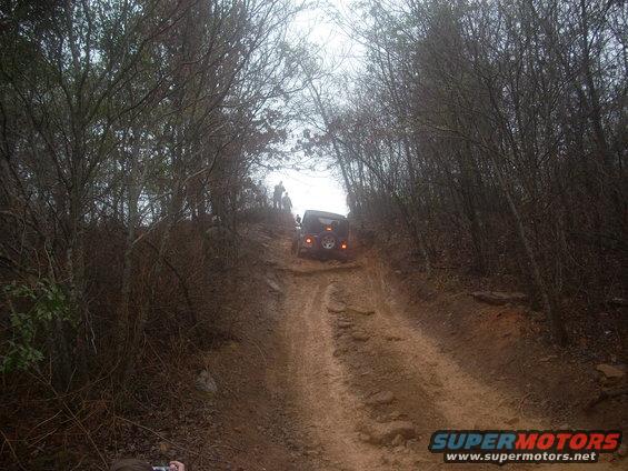 Rear view of dark Jeep Wrangler climbing a muddy trail with trees on either side