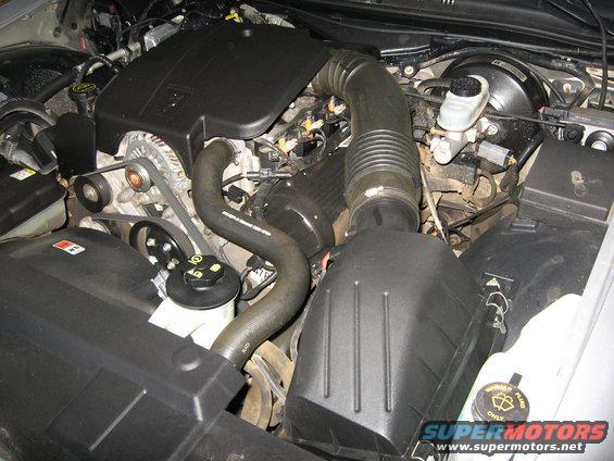 Engine compartment of a 2004 Ford Crown Victoria, showing the V8 engine, air intake, and various hoses and belts