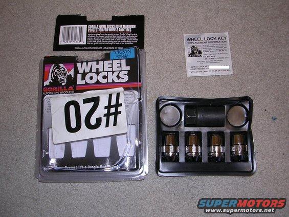 Gorilla Wheel Locks package with key and four lug nuts