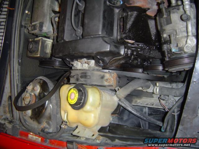 Engine bay with yellow coolant reservoir and black hoses. Belts and pulleys are visible
