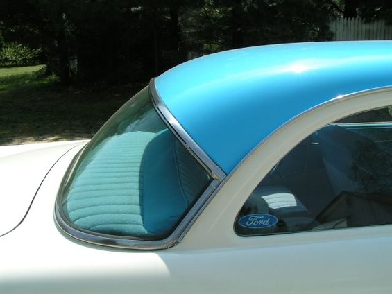 1956 Ford Fairlane coupe, side view, white with blue roof and interior