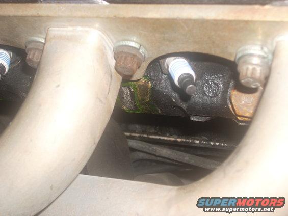 Close-up of exhaust manifold with spark plugs and some green fluid leakage