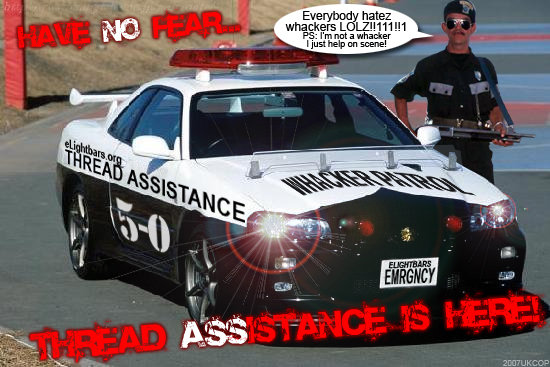 Police car with 'WHACKER PATROL' and 'THREAD ASSISTANCE' text, and a police officer standing nearby