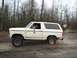 1980 Ford Bronco - A white 1980 Ford Bronco kicks up mud as it drives through a wooded area.