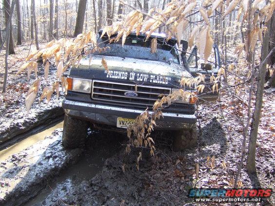 Ford F-Series truck stuck in a muddy ditch in a forest, with "FRIENDS IN LOW PLACES" text on the hood