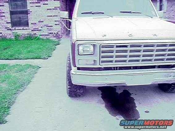 Front view of a white Ford F-Series truck, possibly from the early 1980s, parked on a driveway with a fluid leak underneath