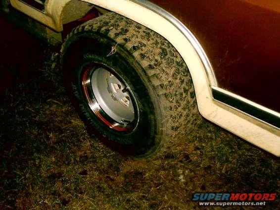 33x12.50 Goodyear Wrangler AT mounted on 15x10 rim. Soon to be replaced by 33x15.50 TSL-SX's on American Eagle 589's, still debating on 15x8's or 10's.

