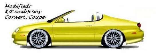 Yellow convertible coupe with custom rims and body kit. Text overlay says 'Modified: Kit and Rims Convert. Coupe'