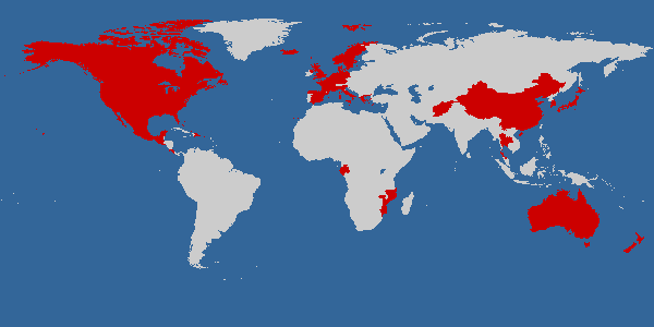 World map with some countries highlighted in red