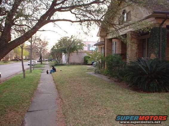 Person sitting on grass next to a sidewalk with a street and houses in the background