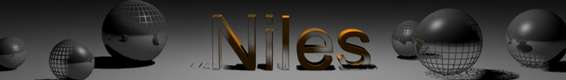 3D rendering of the word 'Niles' with spheres on either side