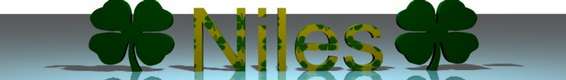 Green shamrocks flank yellow text with green speckles that reads 'Niles'