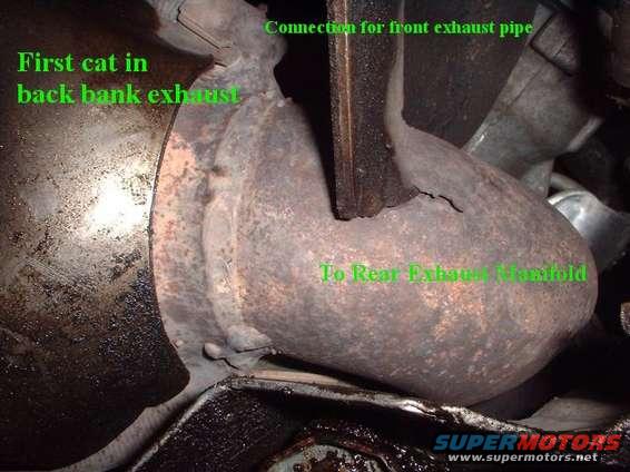 Close-up of rusted exhaust manifold and catalytic converter with green text overlays