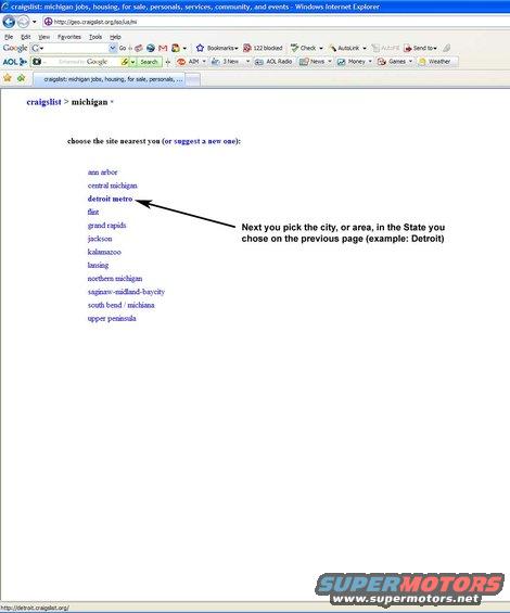 Craigslist Michigan page showing city selection, with an arrow pointing to Detroit Metro