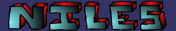 Text spelling NILES in a 3D block font with teal faces and red edges against a purple background