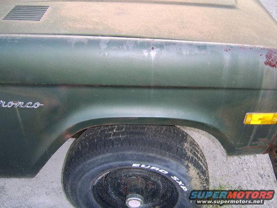 Green Ford Bronco fender with 'Bronco' script and a tire. Visible rust on the body