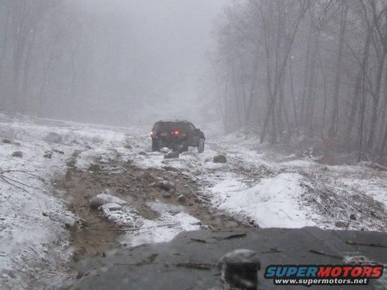 SUV driving on a snowy, muddy road with trees on the side