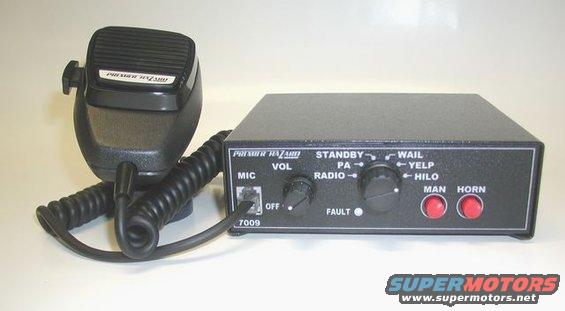 Premier Hazard siren control box with microphone. Has knobs for volume, radio/PA, and siren modes like wail and yelp. Two red buttons labeled MAN and HORN