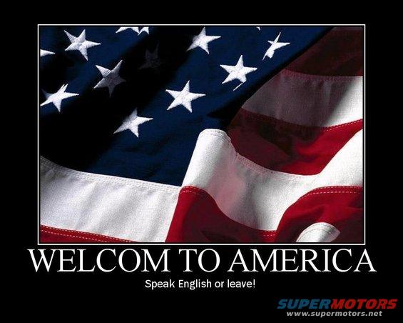 American flag with text 'WELCOME TO AMERICA' and 'Speak English or leave!'