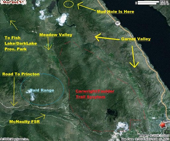 Satellite map of Okanagan region with annotations for trails and landmarks