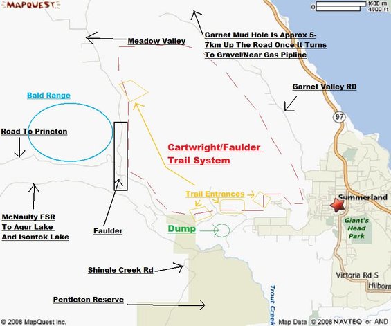 MapQuest map showing Cartwright/Faulder Trail System near Summerland, BC