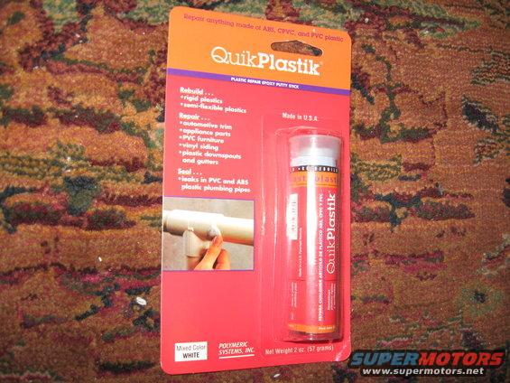 QuikPlastik plastic repair putty stick in red packaging with instructions and product image