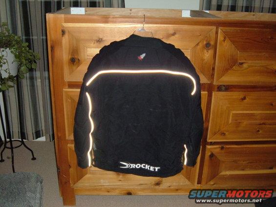Black motorcycle jacket with reflective stripes and 'ROCKET' logo